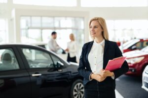 woman getting ready for her car sales appointment setting