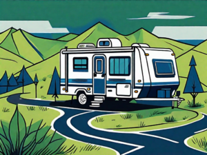 A well-kept pre-owned rv on a winding path surrounded by seven signposts representing success tips