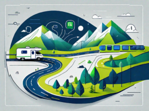 An rv driving on a road that is winding through a landscape made up of digital marketing symbols like seo