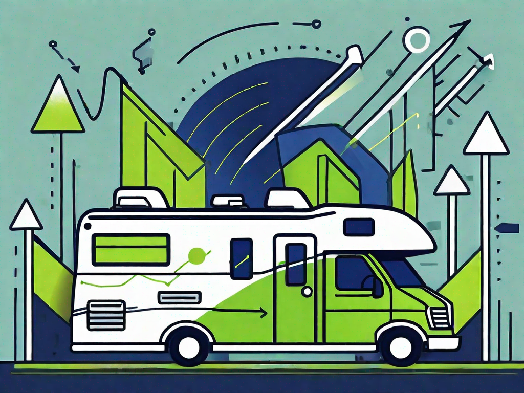 A recreational vehicle (rv) with symbols of growth (like upward arrows) and marketing tools (like megaphones