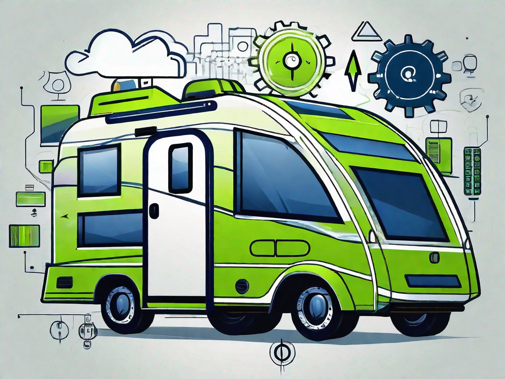 A modern rv (recreational vehicle) surrounded by digital icons symbolizing efficiency and cutting-edge technology