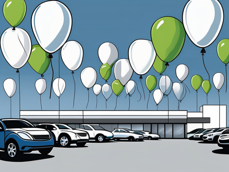 Several different car dealership balloons creatively arranged in various locations around a car dealership