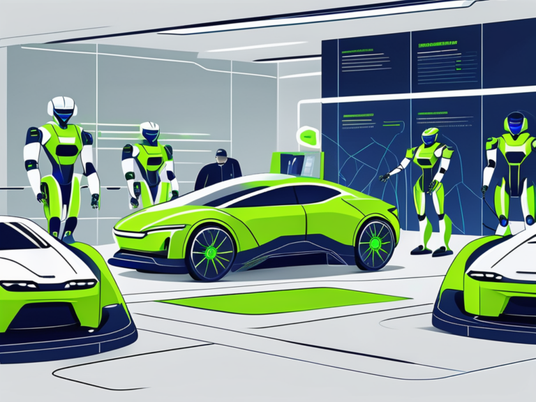 A futuristic car dealership with ai-powered robots servicing the cars