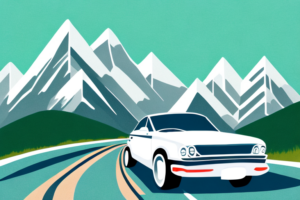 A car driving on a winding road with a mountain range in the background