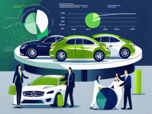 A bustling auto dealership with various car models and a large pie chart symbolizing the balanced financial management of expenses