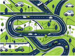 A road map with various car symbols navigating through it