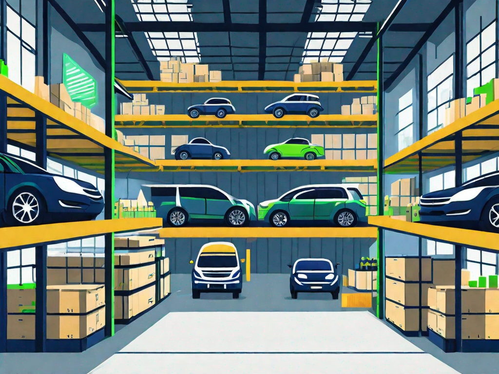 A large warehouse filled with neatly organized rows of various types of vehicles