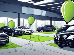 A car dealership lot with various creative elements like colorful balloons tied to cars