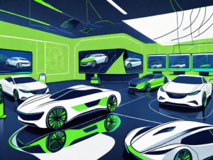 A futuristic car dealership with digital screens displaying various car models