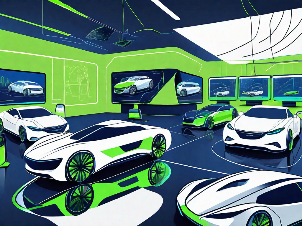 A futuristic car dealership with digital screens displaying various car models