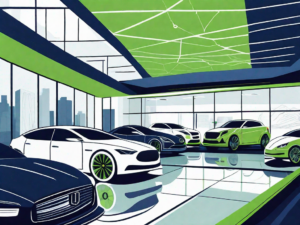 A sleek car dealership with various types of cars displayed against the backdrop of a large computer screen symbolizing the online presence